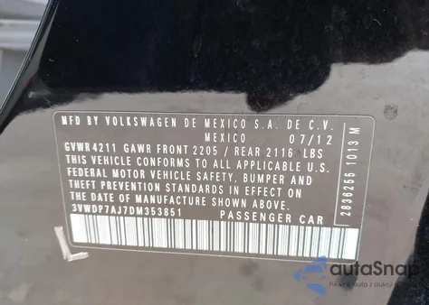 2013 Volkswagen Jetta 2.5L Se from USA, damaged, VIN 3VWDP7AJ7DM353851